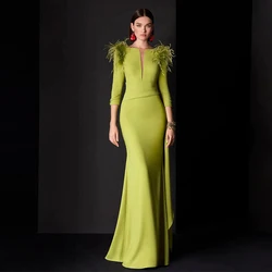 Wedding Guest Dress Women Classic Green Satin Feather Ruffles Button Formal Evening Straight Boat Neck Long Dresses