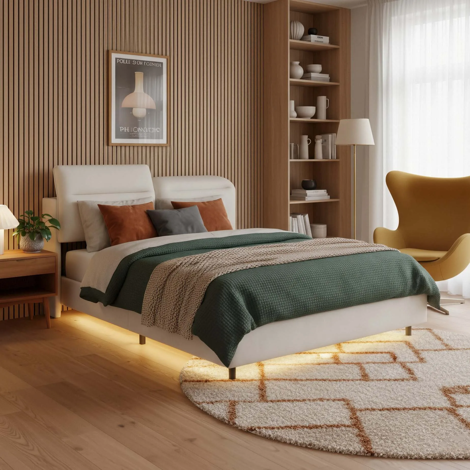 Trunk letto 140x200/160x idrico cm, testiera regolabile, LED RGB, velluto beige, design moderno, adulto