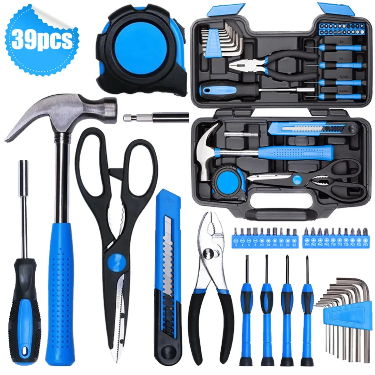39 kit di attrezzi blu, kit di manutenzione del giardino, strumenti di riparazione domestica, set di attrezzi compatti