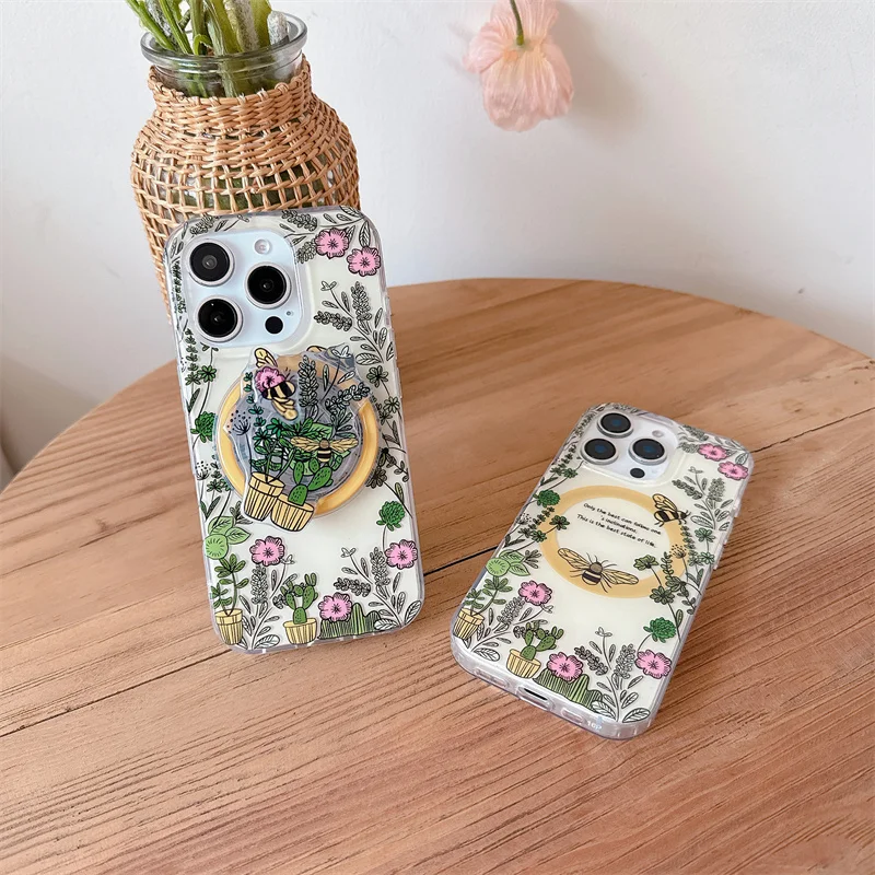 

Korea's cute country flower cartoon Bee Magsafe wireless charging phone case for iPhone 13 14 15 16 Pro Max magnetic holder case