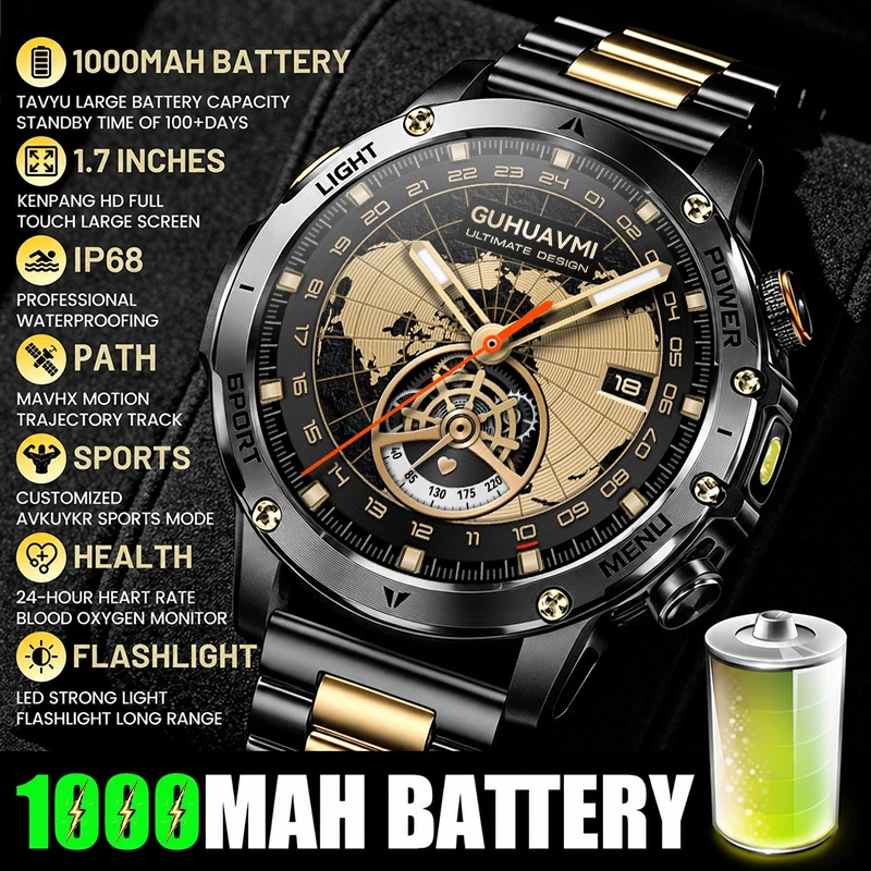 2026 Nouveau original 1000mAh batterie montre intelligente hommes, écran AMOLED, appel Bluetooth, IP68 imperméable, sport en plein air fitness tracker, Smartwatch militaire pour Android iOS