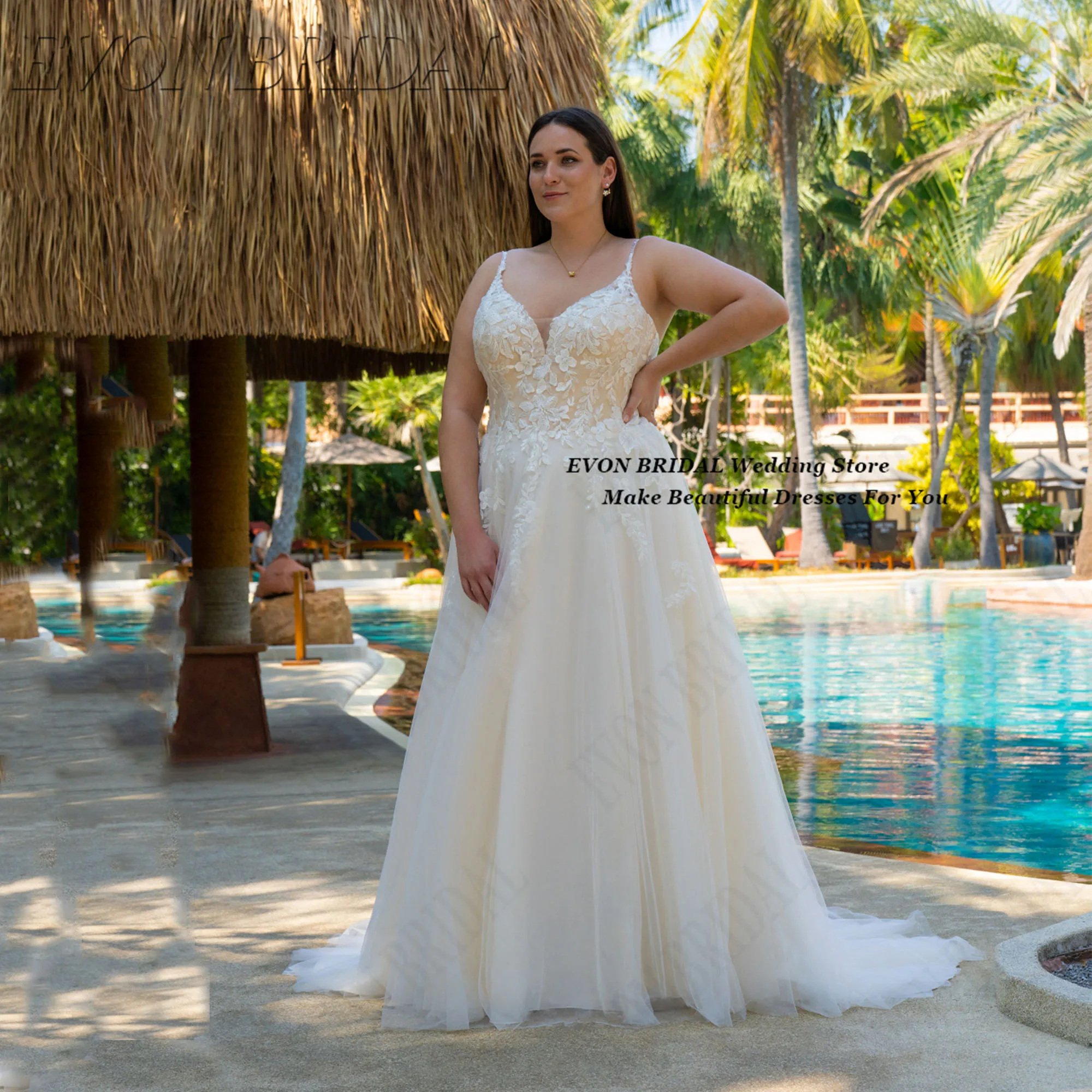 

2025 Tulle Plus Size Wedding Dress A-line V Neck Vestidos De Novias De Boda Classic Wedding Reception Dress EVON BRIDAL Customiz