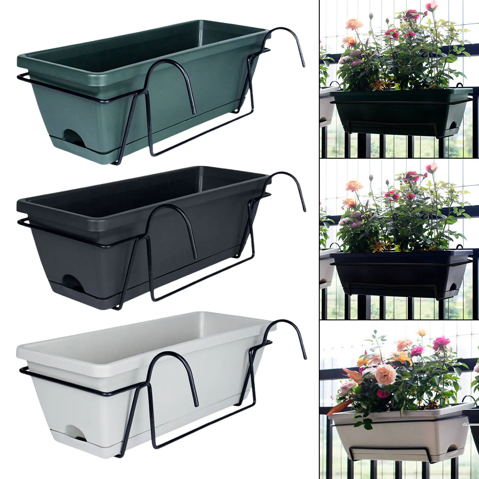 

Balcony Railing Planter Plant Basket Fence Planter with Rack and Tray Flowerpot Window Box Planter for Deck Yard Countryside