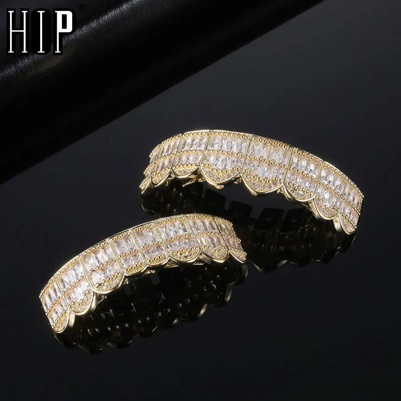 Hip Hop Full CZ Baguette Stones Teeth Grillz Caps Cubic Zircon Iced Out Micro Pave Top&Bottom Charm Grills For Men Women Jewelry