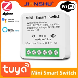 Jinashu Zigbee Switch With Power Monitor 16A Mini Interuptor Inteligentes Wifi  tuya smart switch 2 Way Control Smart Relay