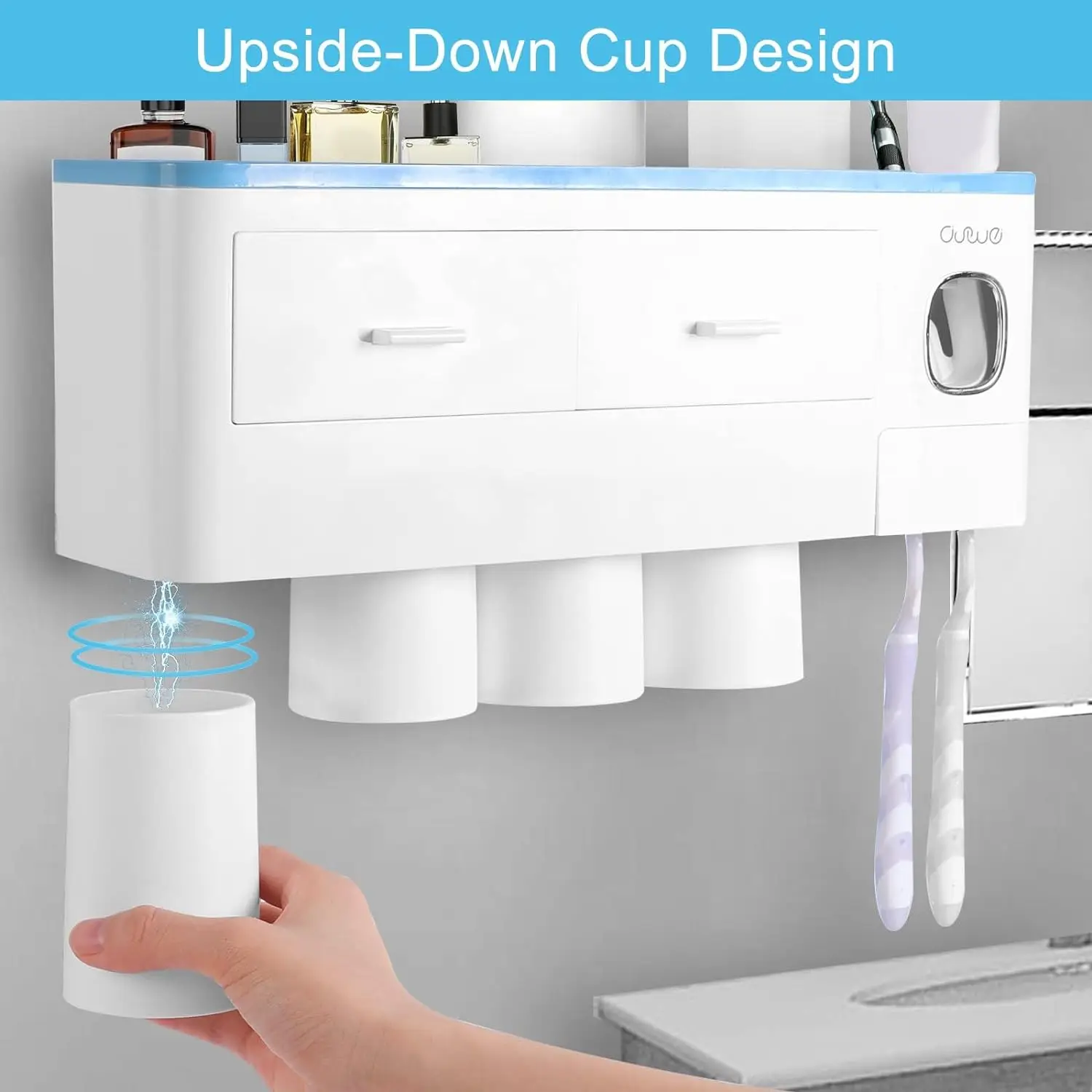 4 Cups Wall Mounted Toothbrush Holder, Multifunctional Space-Saving Toothbrush and Toothpaste Holder White