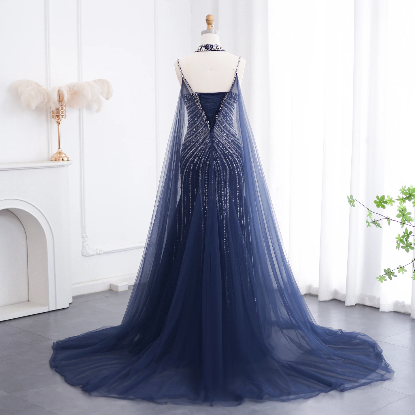 Sharon กล่าวว่าหรูหราดูไบ Navy Blue Blush สีชมพู Mermaid ชุดราตรี Chocker Cape สําหรับคํางานแต่งงานชุด SS325 ที่กําหนดเอง