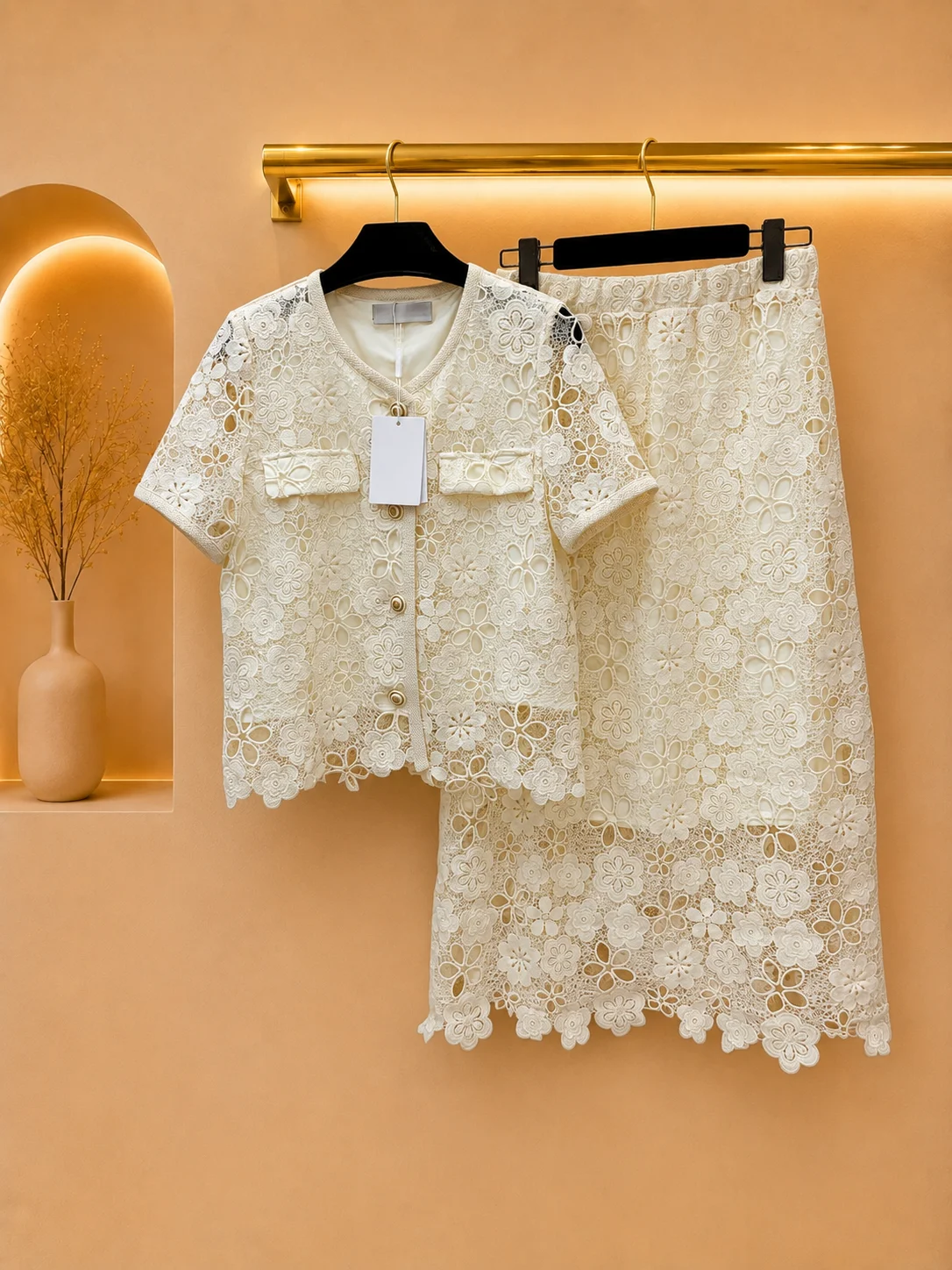 

2026 Women Two Piece Set Lightweight Hollow Lace Short Cardigan & Flowy Midi Lace Skirt Matching Outfit