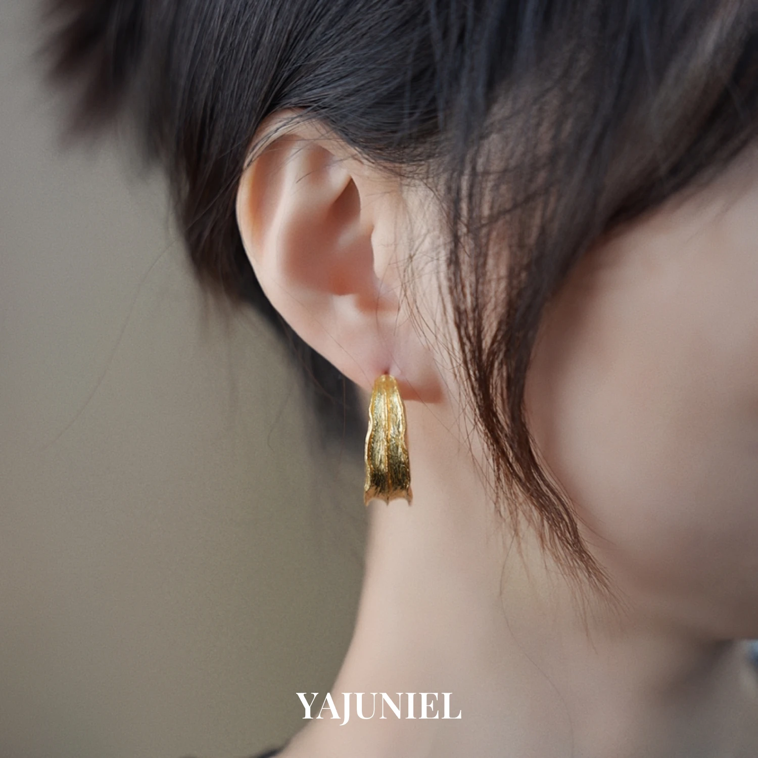 YAJUNIEL 24K Real Gold Plated Textured Hoop Earrings for Women Hypoallergenic Brass Abstract Stud Earrings Jewelry Gift