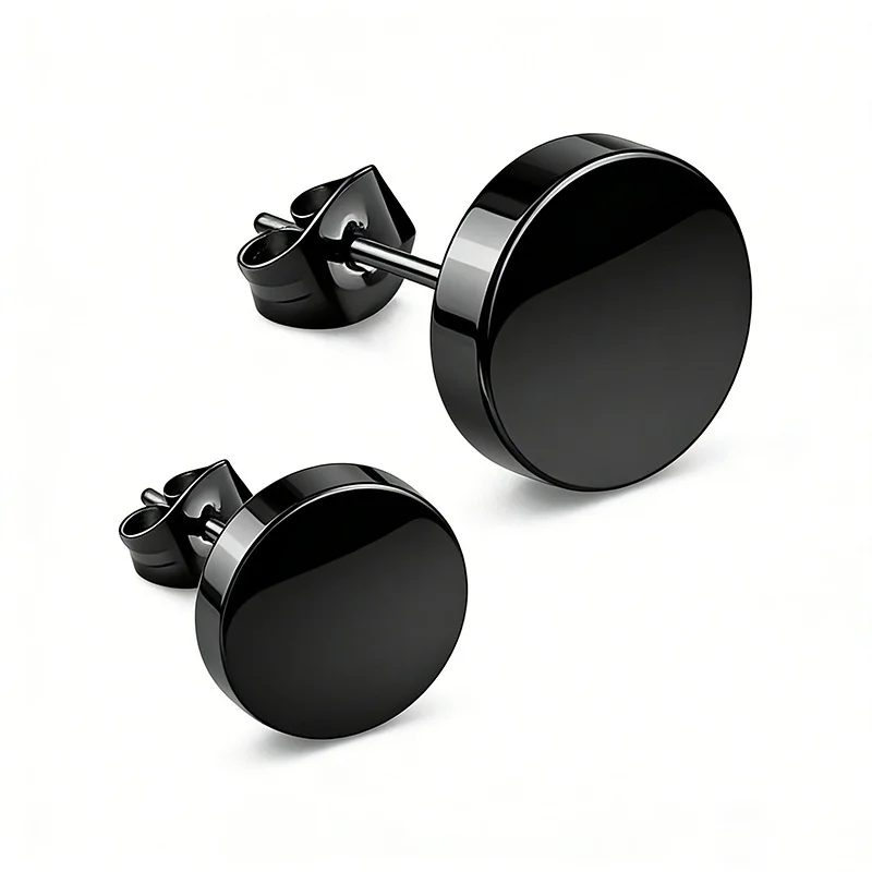1 Pair Black Titanium Steel Post Earring Studs For Men Women Stainless Steel Round Punk Rock Korean Fashion Daily Wear Gift