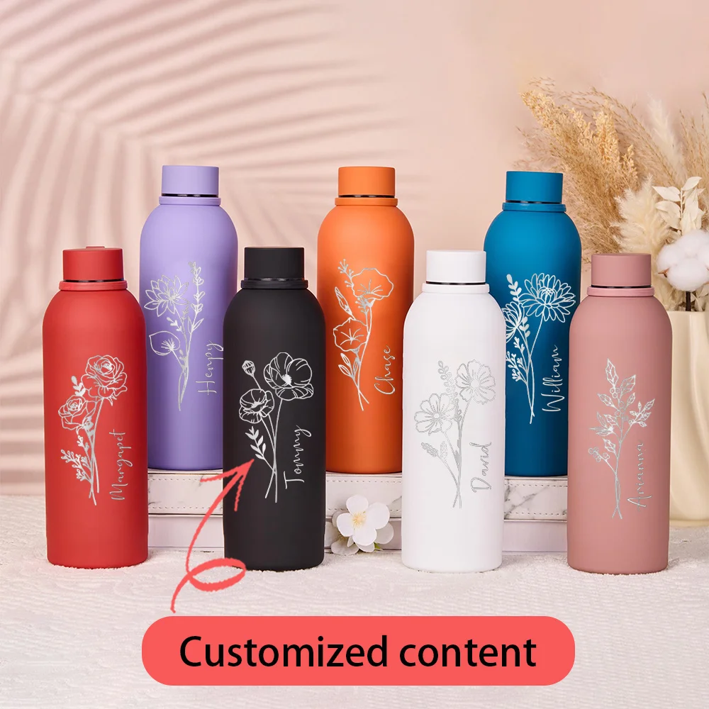 Custom Birth Flower Insulated Water Bottle Personalized Name Stainless Steel Flask, Birthday Gift for Her,Christmas Gift.