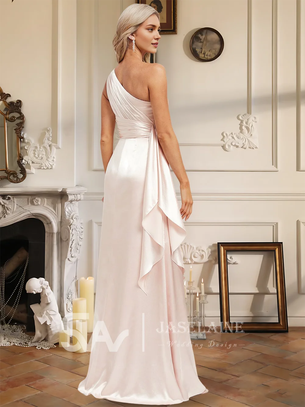 Luxo a linha estiramento cetim vestidos de dama de honra até o chão um ombro plissado em cascata festa de casamento convidado noite cocktail