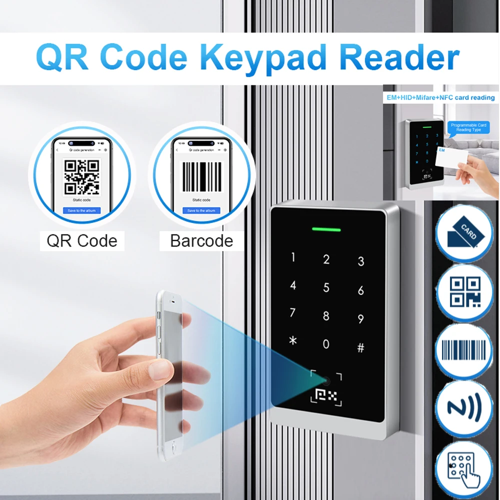 

125KHz 13.56MHz Wiegand RS485 QR Code Reader Access Control Touch Keypad EM HID MF Card PIN NFC IP66 Waterproof