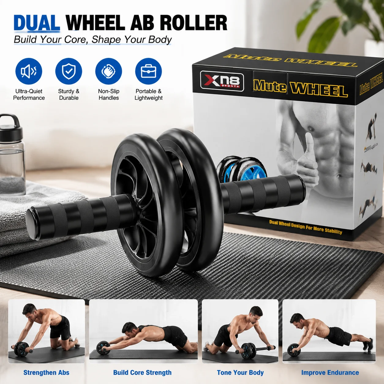 Dual Wheel Ab Roller for Men & Women, Abdominal Exercise Trainer with Non-Slip Handles, Home Gym Equipment