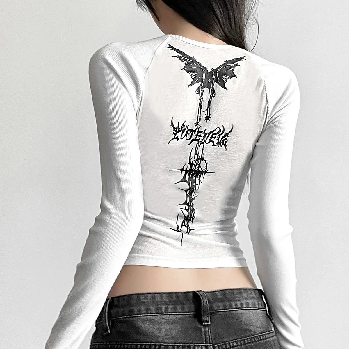 Y2k camisetas femininas vintage casual o-pescoço manga longa graffiti impressão gráfica camiseta coreano moda diária sólida topos primavera verão