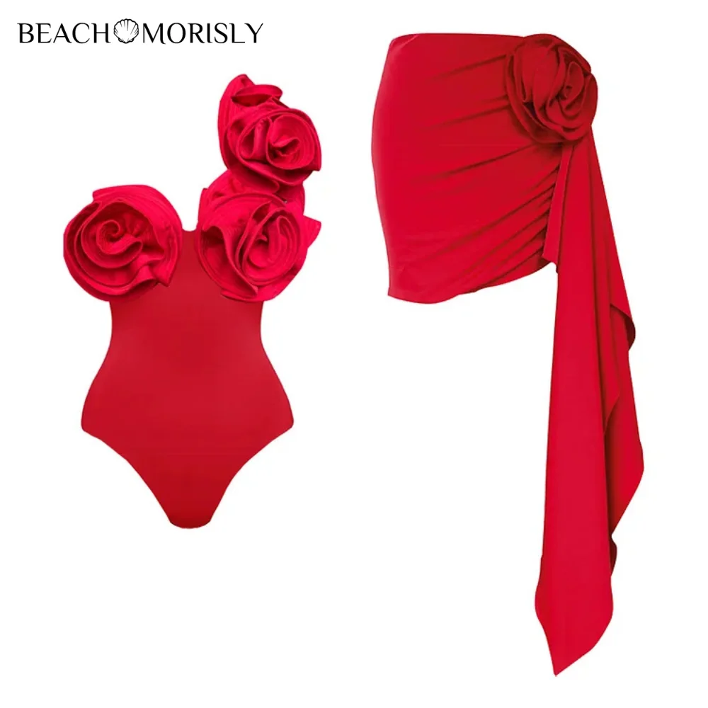 Red 3D Flower One Piece Maiô e Saia Set para Mulheres, Sexy Monokini, Swimwear, Beachwear, Fato de Banho, Novo, 2022, 2 pcs