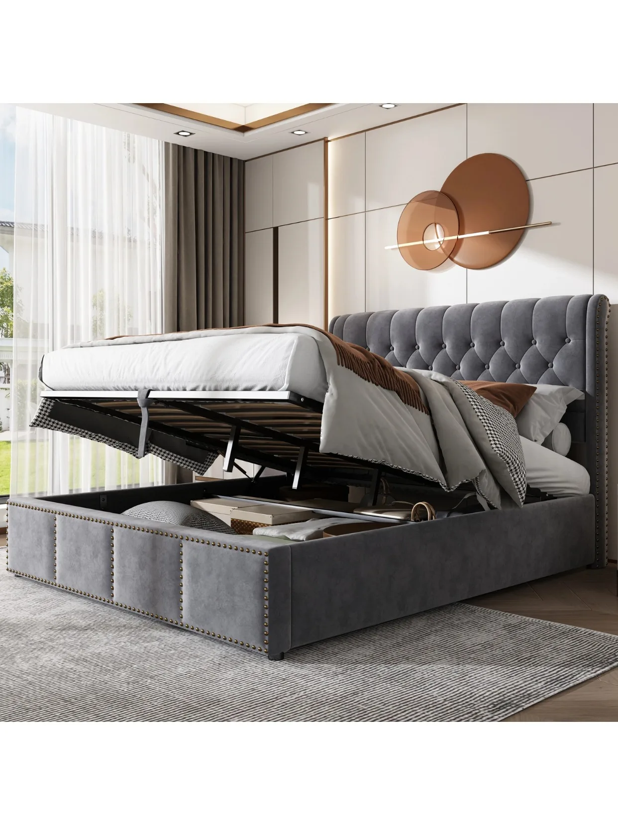 Creahappy, 160x200 cm Hydraulikbett, Doppelbett mit Stauraum, Polsterbett, Boden-bis-Decke-Bett für das Hauptschlafzimmer, Bett mit großem Stauraum, Samt, Grau, Matratze nicht enthalten
