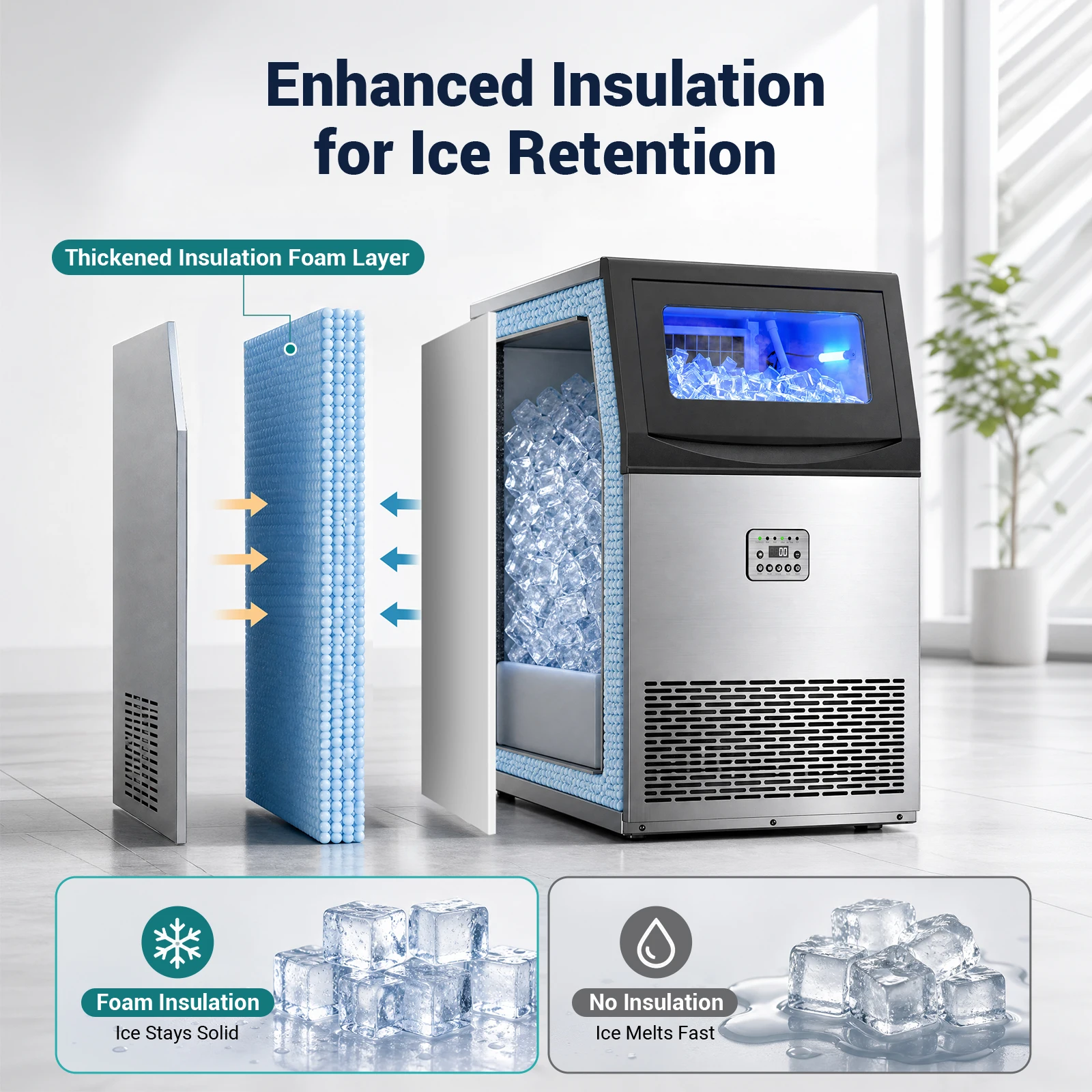 Commercial Ice Maker Machine 200Lbs/24H, 50Lbs Storage Bin, Freestanding & Under Counter Ice Maker | 55 Ice Cubes in 5-15 min | Thicknesses Adjustable | Commercial Ice Machine, Stainless Steel image 6