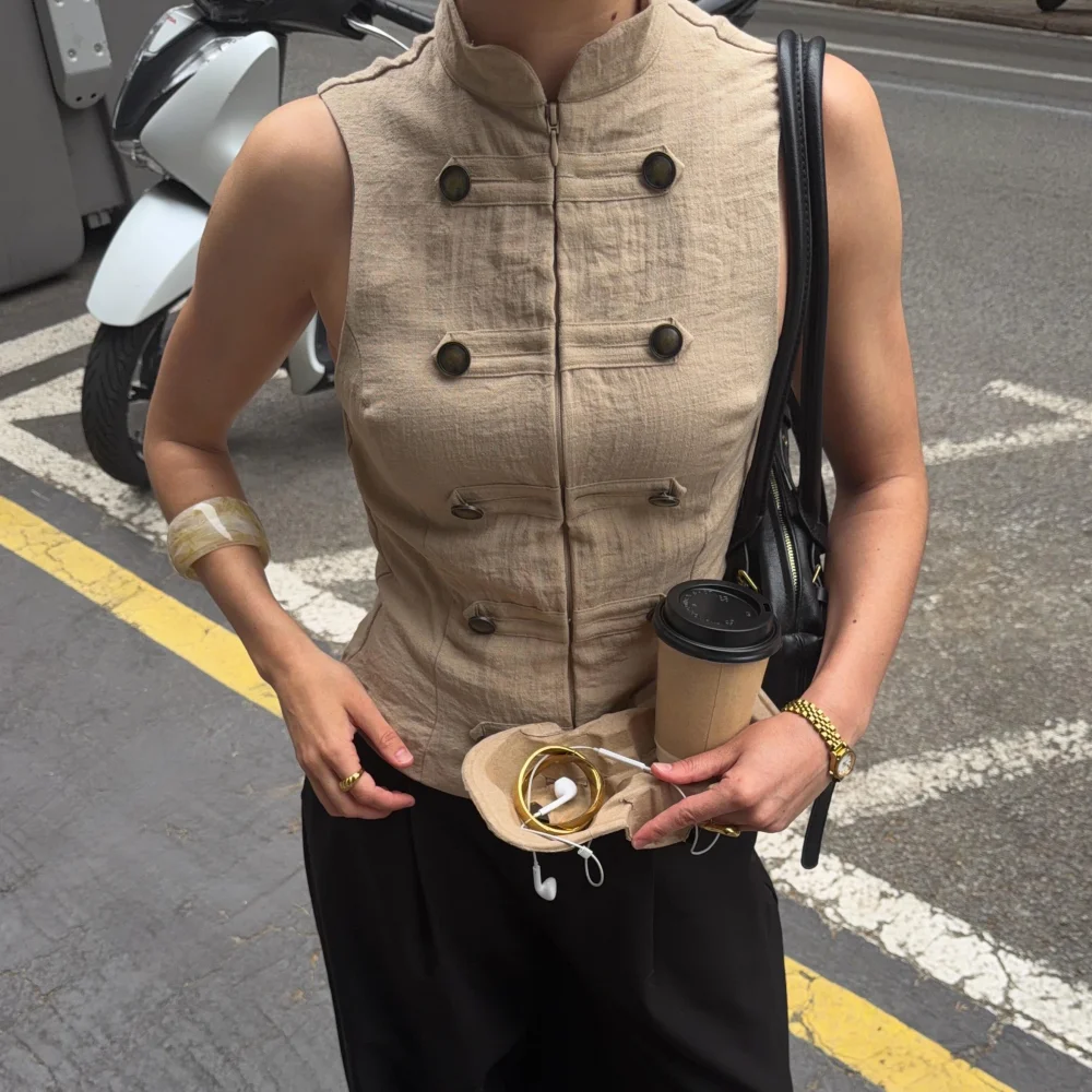 Womens Vintage Sleeveless Vest High Collar Zipper Double Breasted Waistcoat Slim Fit Casual Military Style Sleeveless Jacket