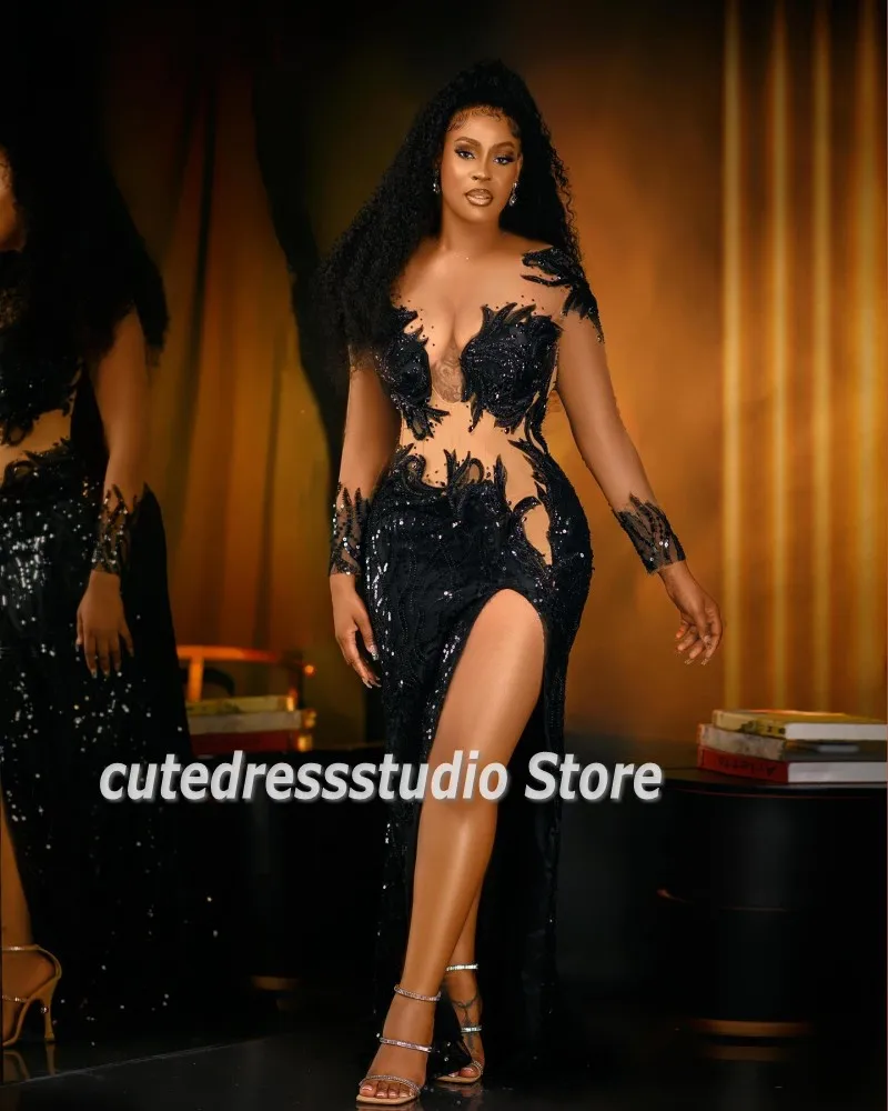 African Black Mermaid Evening Dresses Long Sleeves Beading Sequin High Slit Porm Gowns For Women Wedding Guest Dress Customized