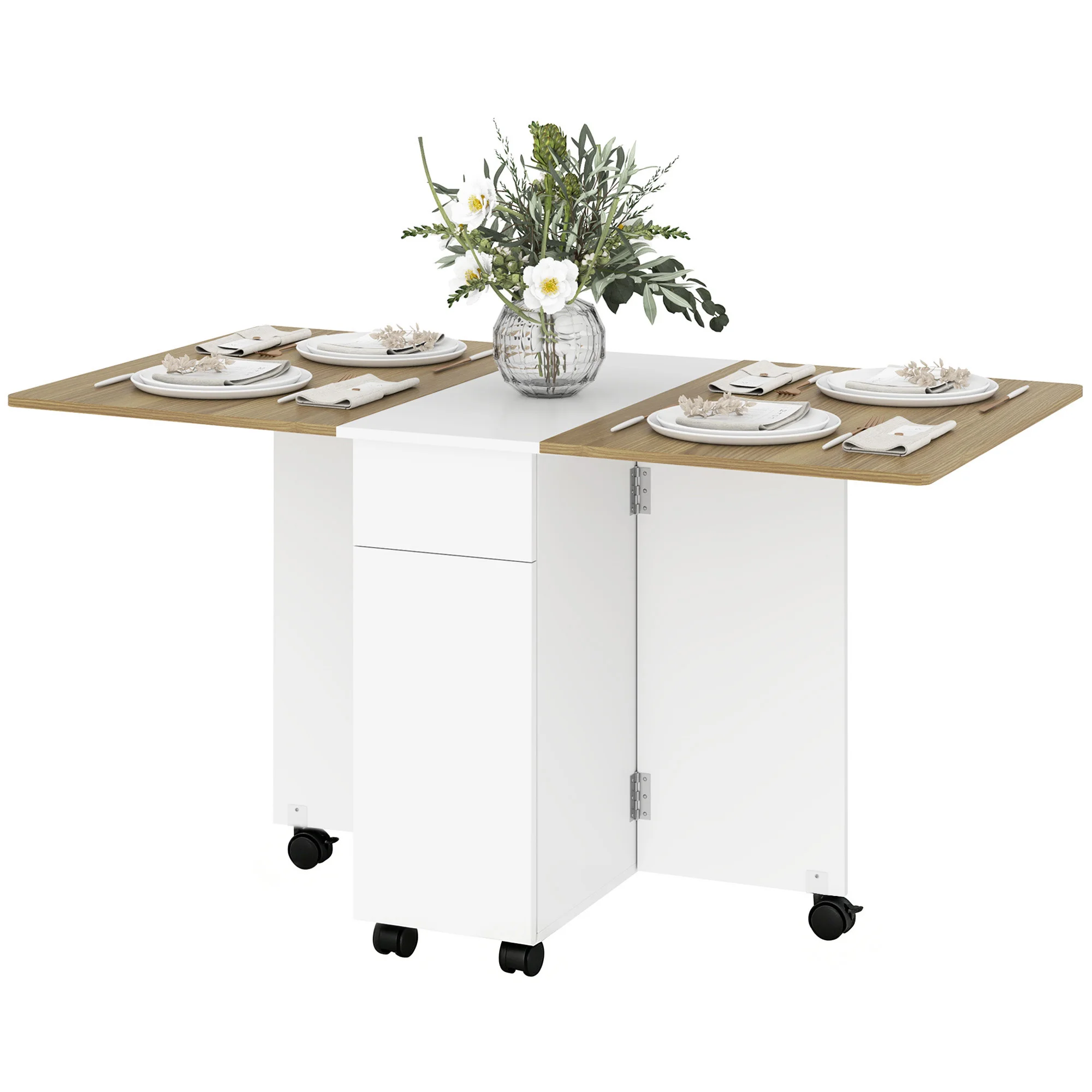 Table de cuisine et de salle à manger pliante, table à manger mobile avec tiroirs de rangement, armoire et roulettes verrouillables, meuble pliable et peu encombrant pour la cuisine de la maison.