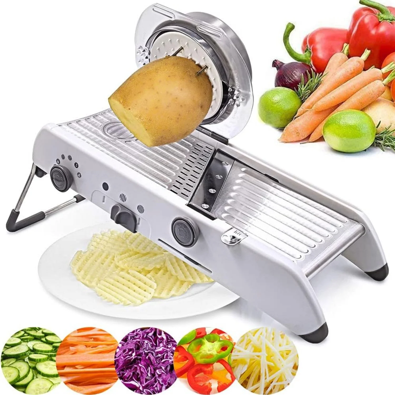 Cortador de verduras multifuncional, rallador, máquina para rebanar, máquina de cocina manual, rallador de patatas, ayudante de cocina, acero inoxidable, 4 grosores de rebanado ajustables, 20 formas