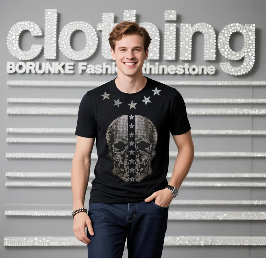 

Summer Short Sleeve Cotton Rhinestones Star Casual T-Shirt for Men Hip Hop Designer Top Quality Luxury Gift for Men