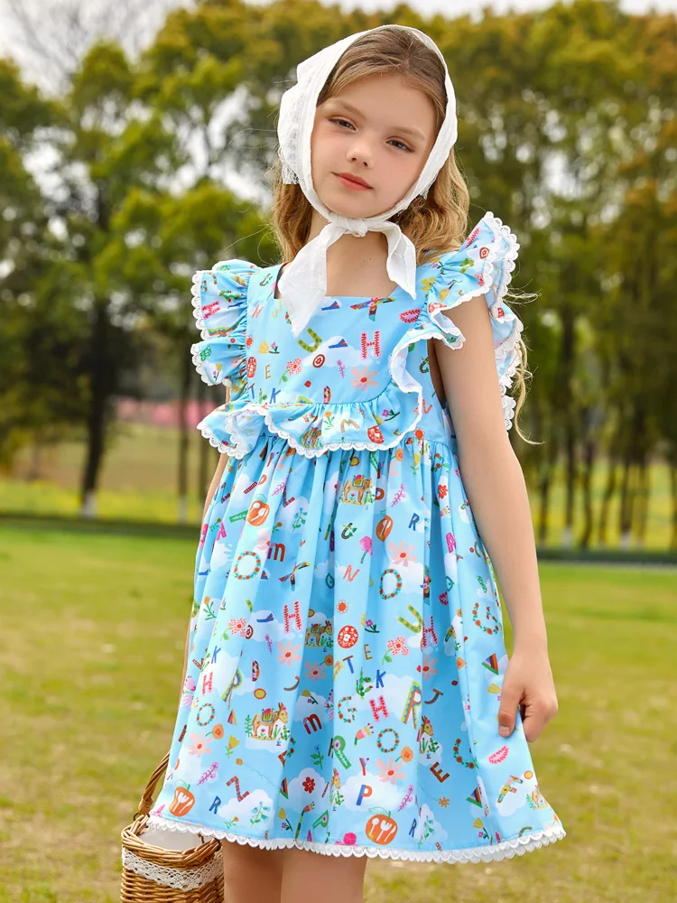 Girls Blue Dress Summer Floral Printed Princess Dress With Ruffles