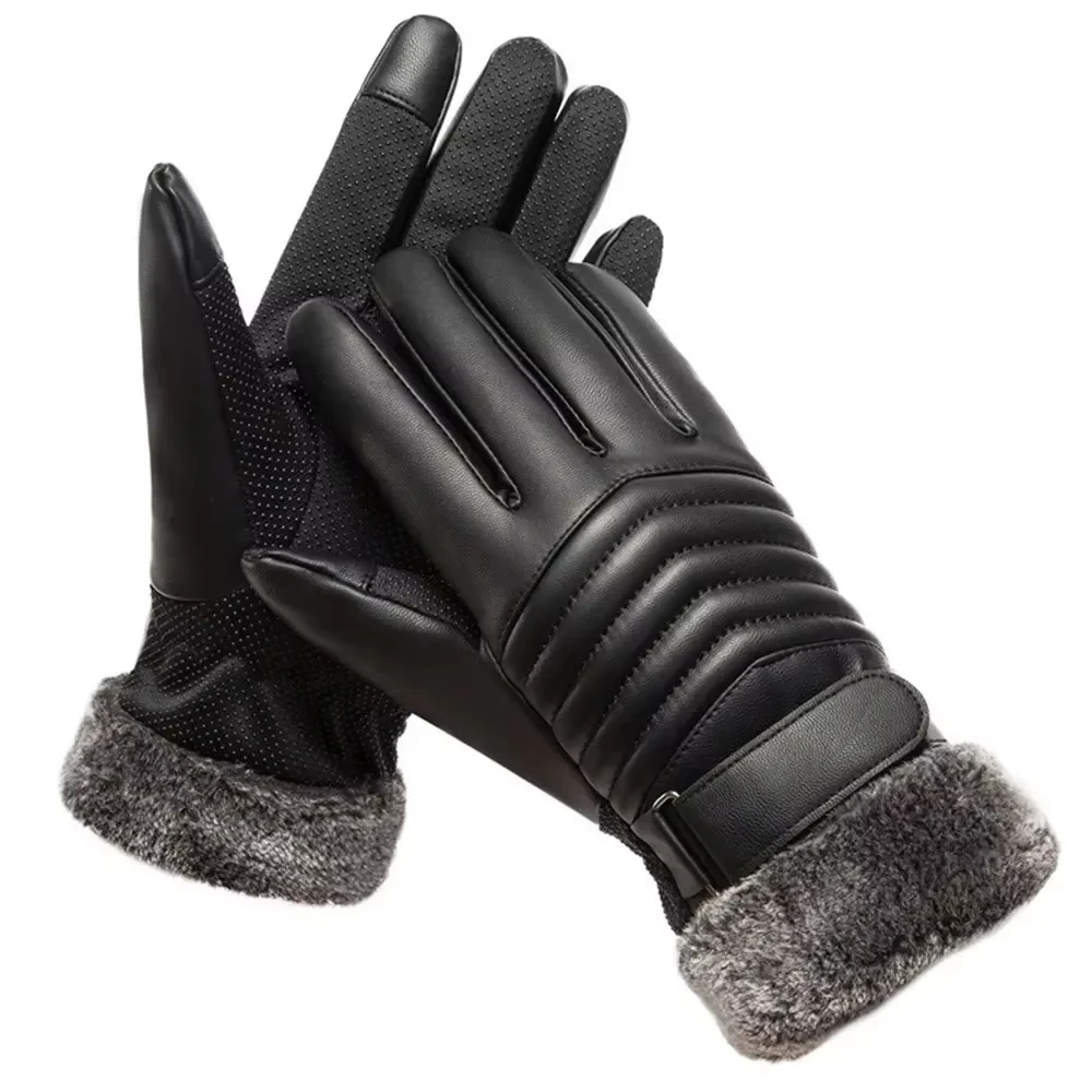 Gants Isolants en Fourrure d'Hiver en Peluche pour Cyclisme en Plein Air, Moto, Écran Tactile en PU, Coton