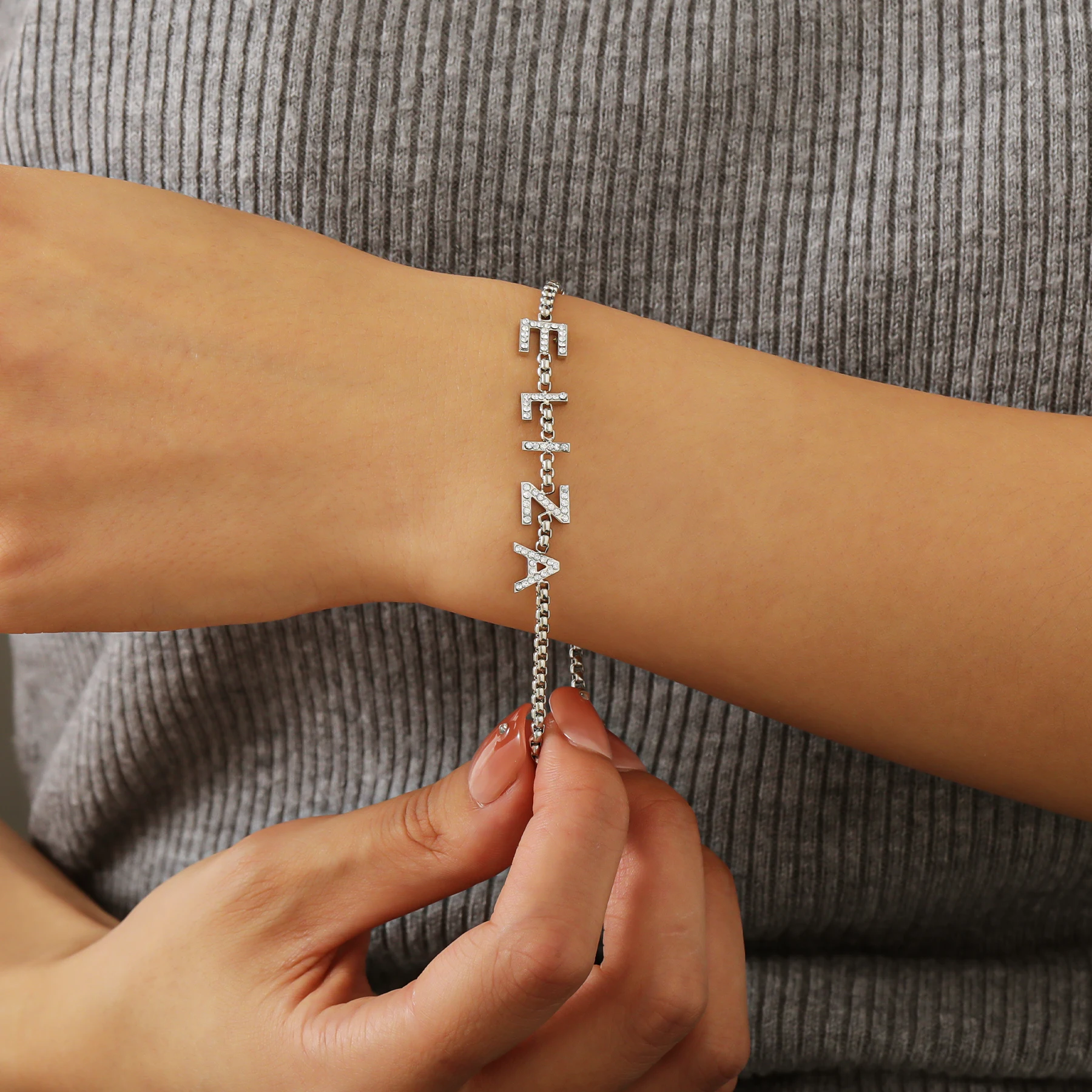 Personalized Custom Zirconia Initial Name Adjustable Bracelet Custom Name Stainless Steel Ladies Bracelet Jewelry Gift For Her