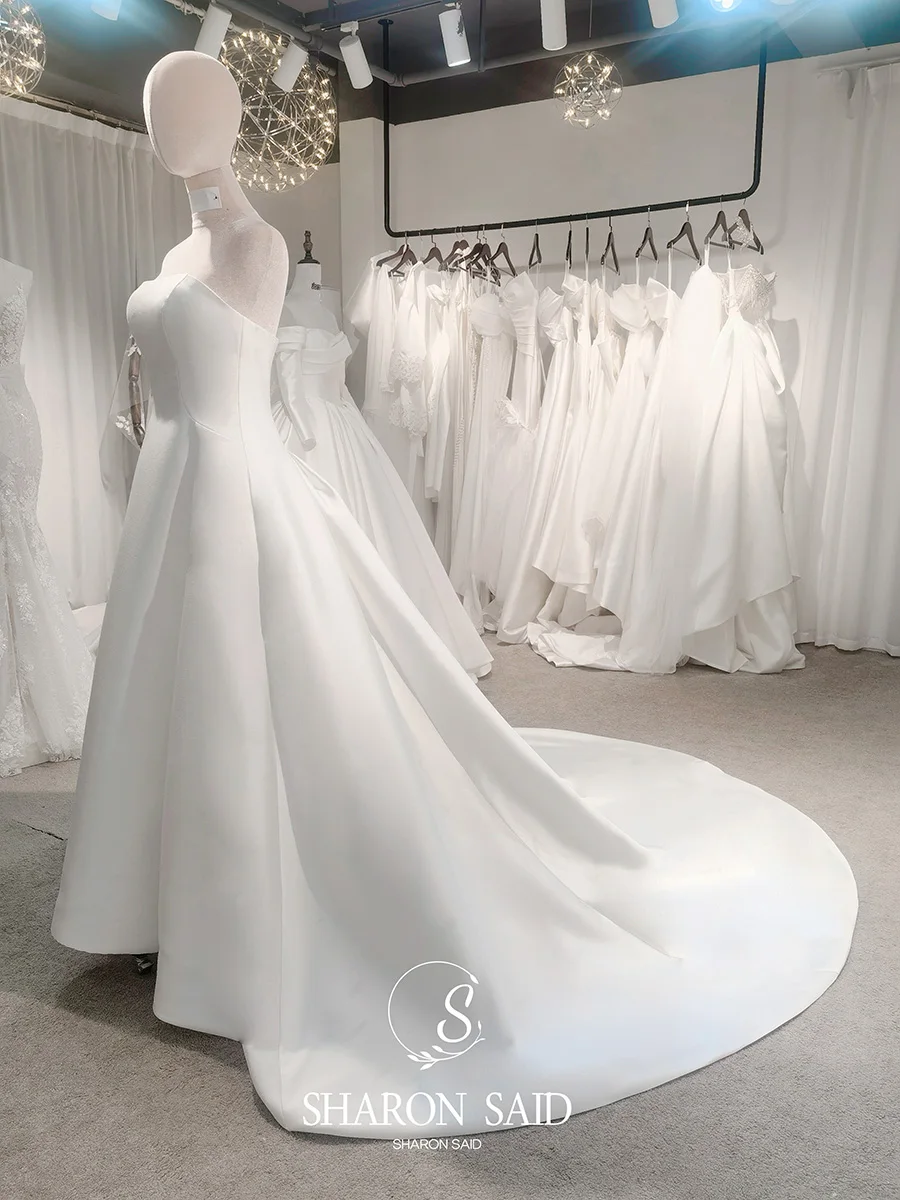Шарон Саид 2025, простое 100% реальные фотографии, белое атласное свадебное платье без рукавов, корсет трапециевидной формы, платье невесты принцессы AM024, по индивидуальному заказу