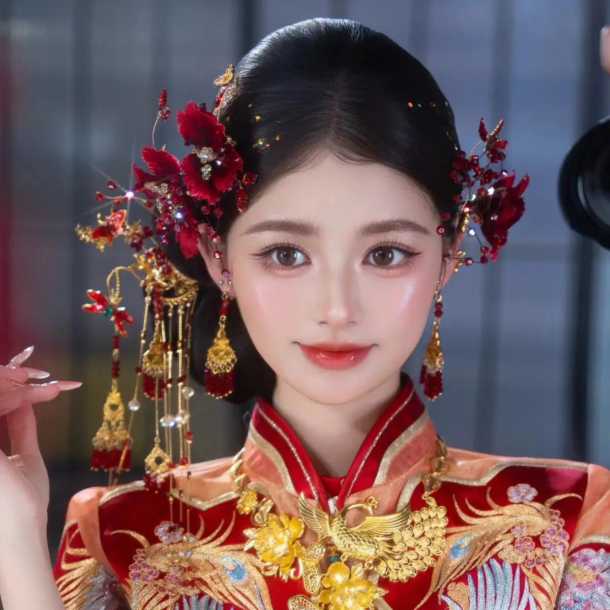 Chinese Vintage Red Flower Wedding Hair Accessories Set Handmade Beaded Tassel Hairpins Bridal Headpiece Jewelries