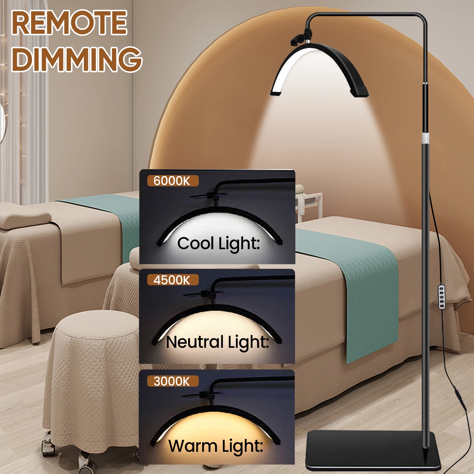 Lámpara de Belleza de Pie con Luz LED de Media Luna de 24 Pulgadas, 3 Colores, 360° ° Soporte Giratorio para Lámpara y Teléfono Móvil, Ideal para Manicuristas, Tutoriales de Maquillaje, Grabación