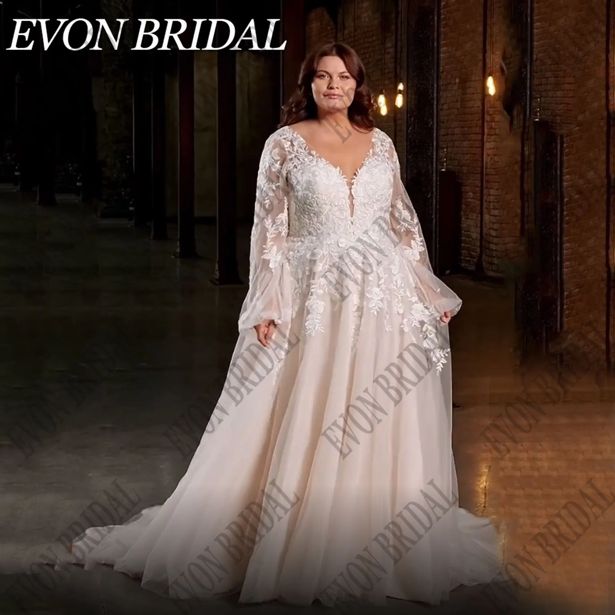 EVON BRIDAL Wedding Dress Plus Size V-Neck Puff Sleeves Applique A-Line Backless Lace Bride Gowns Sweep Train Vestido De Novia