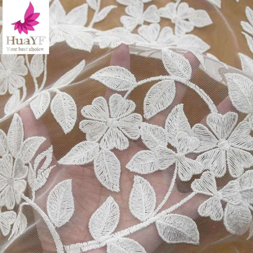 1 Yard Popular Design French White Leaf Embroidery Bridal Wedding Mesh Lace Dress Fabric HY1590-2