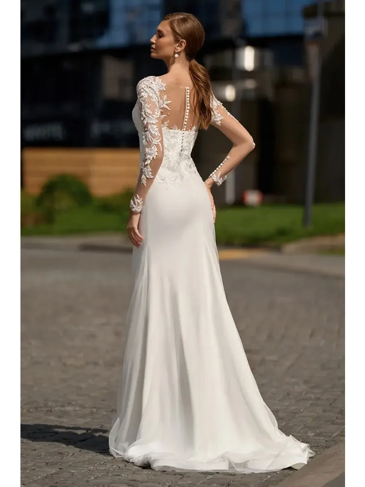 Beach Long Sleeve Mermaid Wedding Dress Sheer O-neck Lace Appliques Button Bridal Gowns Elegant Vestido De Novia