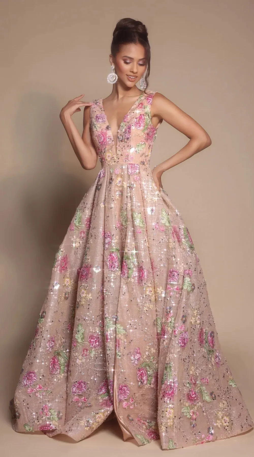 Sansa Customized 2026 Luxury Nude Ball Gown with V-NeckFloral Embroidered Appliqués Sparkle  Sleeveless Design Formal Prom Dress