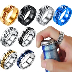 Cool Anti Stress Rotate Freely Chain Rings For Men Stainless Steel Anti Anxiety Relaxing Ring Fidget Metal Spinner Anillo Hombre