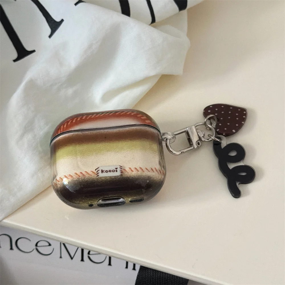 

Cute transparent brown green stripe+heart-shaped pendant suitable for Apple Airpods 4 3 2 Pro 2 3 Bluetooth TPU headphone case