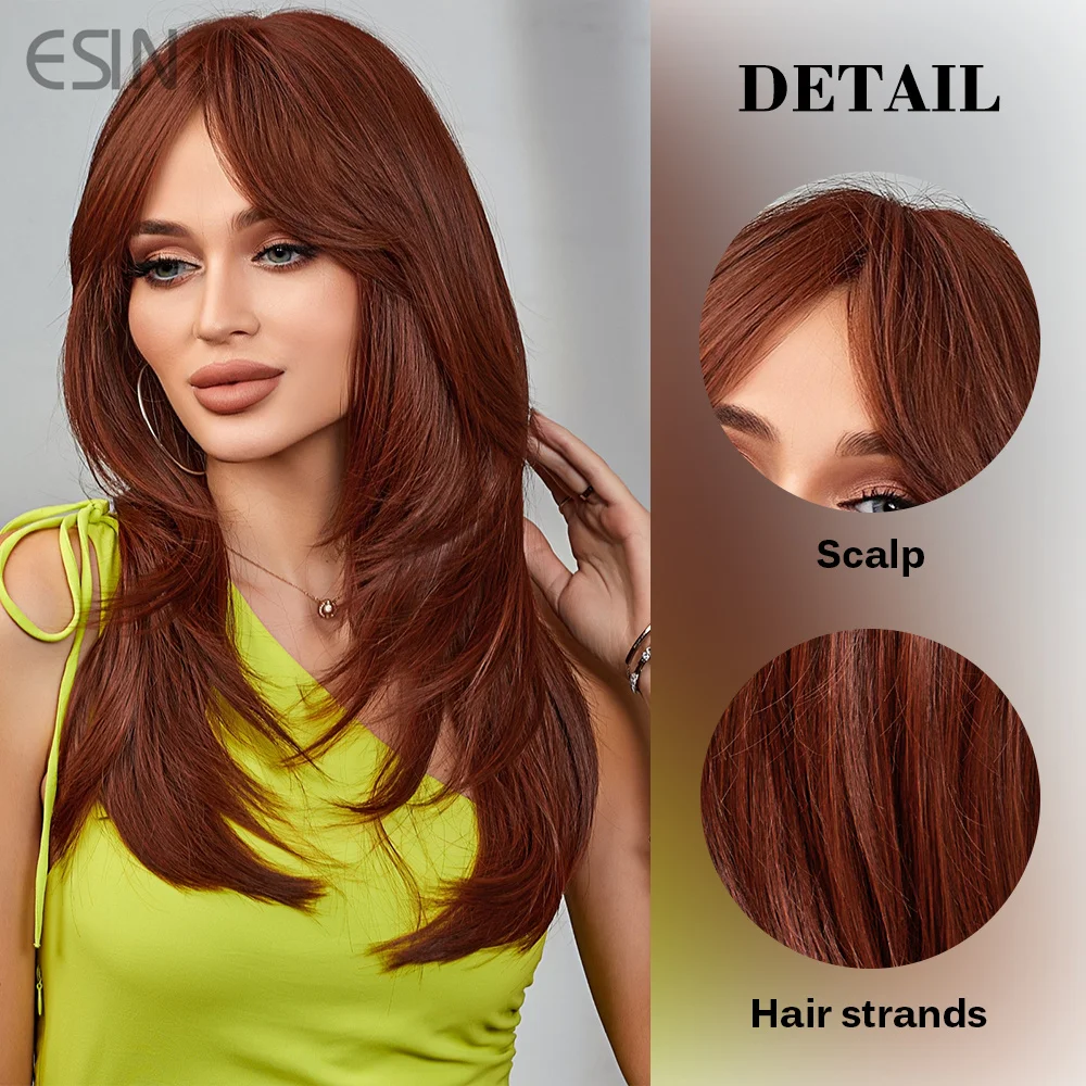 ESIN  New-Style Fashion Synthetic Wigs Long  Wave Orange Red Brown Wig for Women Daily Party Cosplay Heat Resistant Fiber