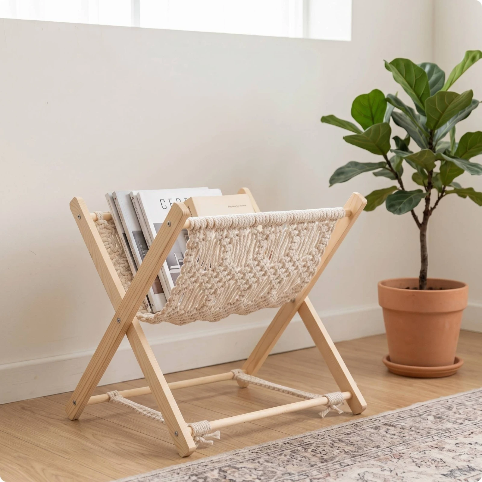Magazine Rack Foldable Magazine Holder with Strap Macrame Book Stand for Living Room, Reading Corner, Bedroom
