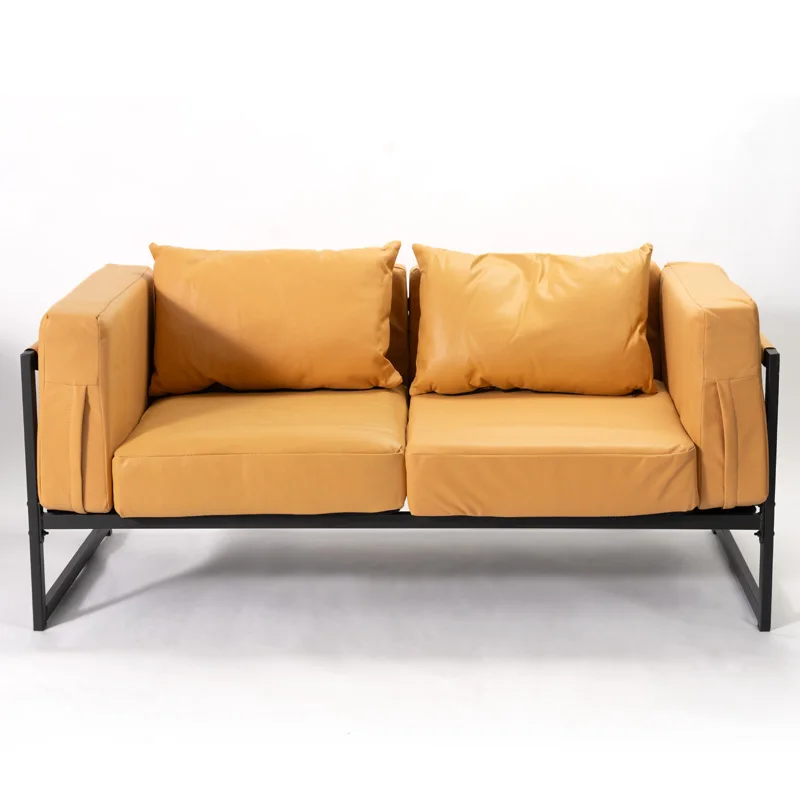 2 Seaters Sofa Faux Leather Upholstered 2 Pillow Double Seat Couch Metal Frame for Corner Living Room Bedroom Lounge 145cm Yello