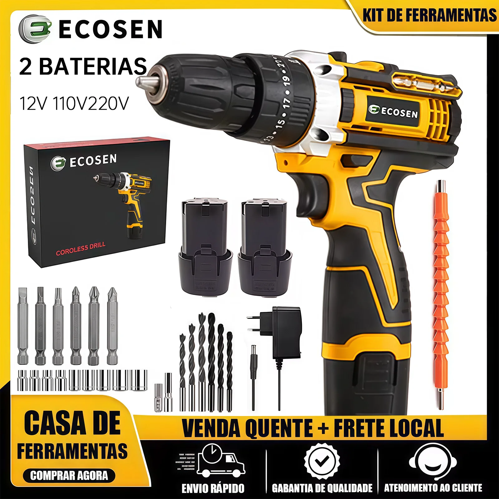 Parafusadeira Furadeira 12V 2 Baterias Bivolt 110V/220V Com Acessórios Completos