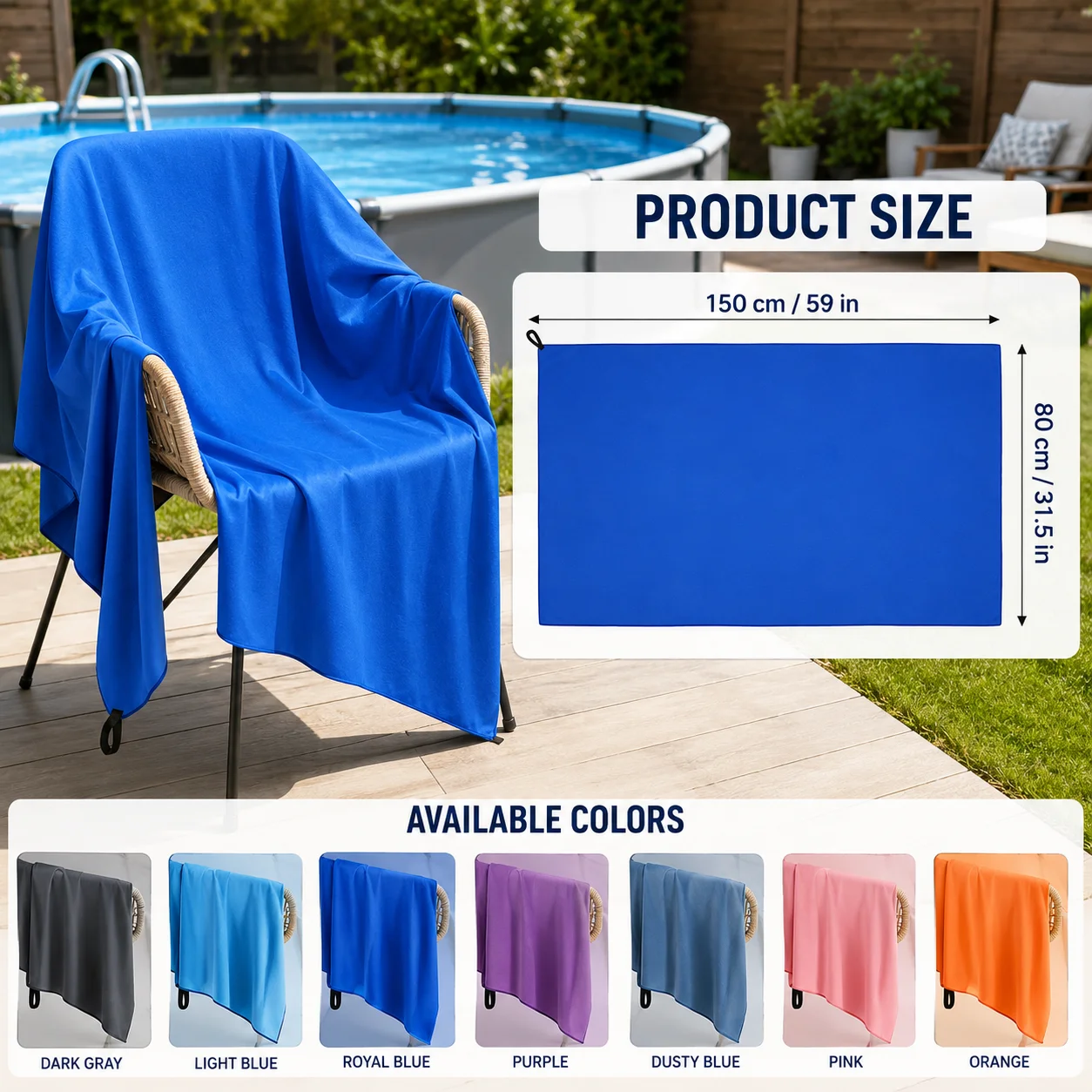 80x160cm Quick-Dry Microfiber Beach Towel Soft Lightweight Travel Swimming Towel with Hanging Loop for Beach Pool Camping