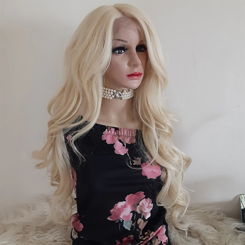 Human hair and Heat Resistant Synthetic Hair Lace Front Wig  613 Light Blonde Highlights Loose Wave Women Wig Perfect for Summer