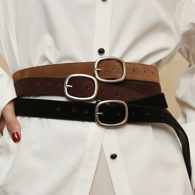 

Fashion Skinny Women Belts Vintage Suede Cowhide Belt Genuine Leather Belts Female Dress Coat Decoration Silver Buckle Waistband