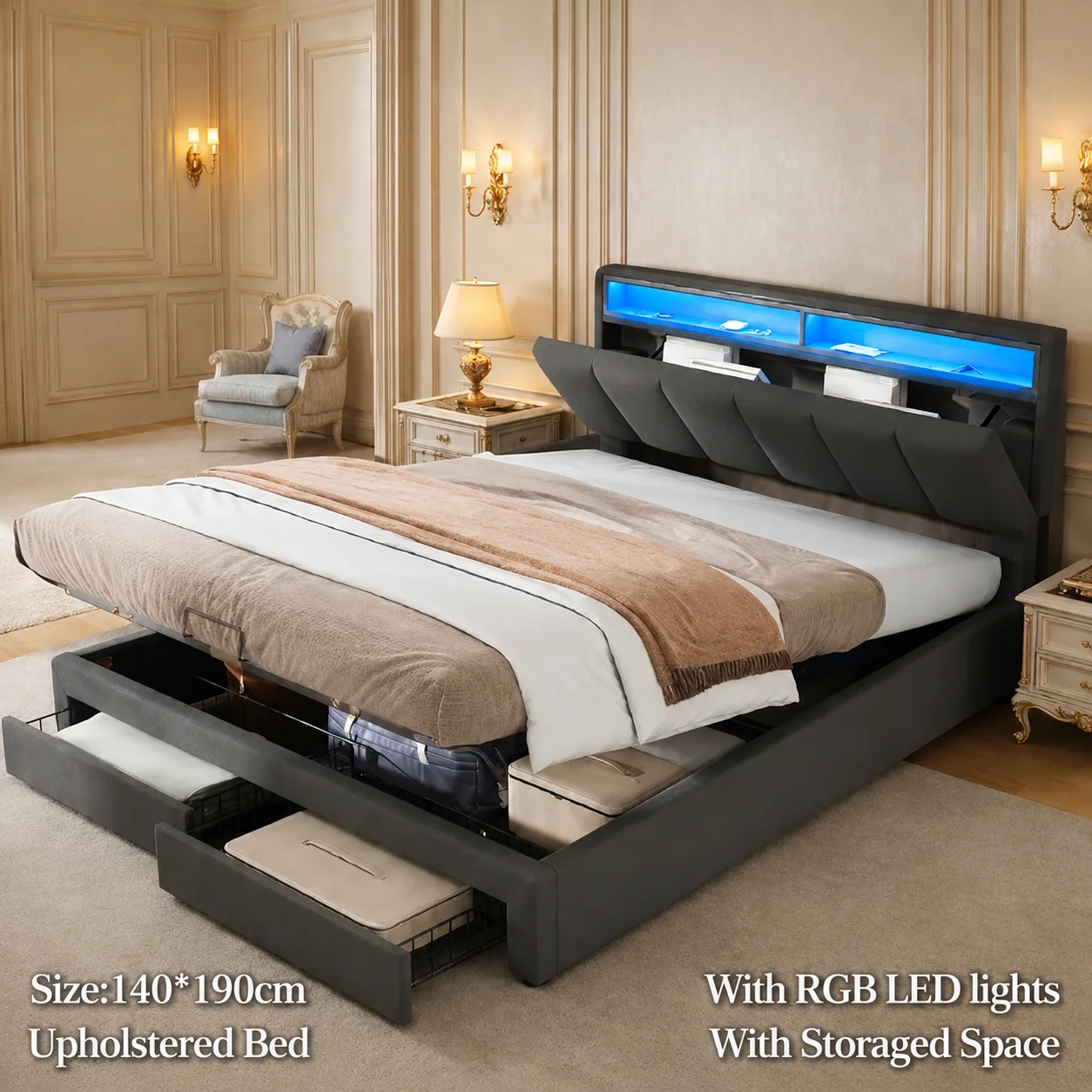 Lit Coffre 140x190 avec 2 tiroirs, Lit Hydraulique 140x190 cm avec LED et Ports USB Lits Double rembourré avec Rangement et sommier à Lattes et Tête de lit Capitonné Adapté pour Adultes et Adolescents