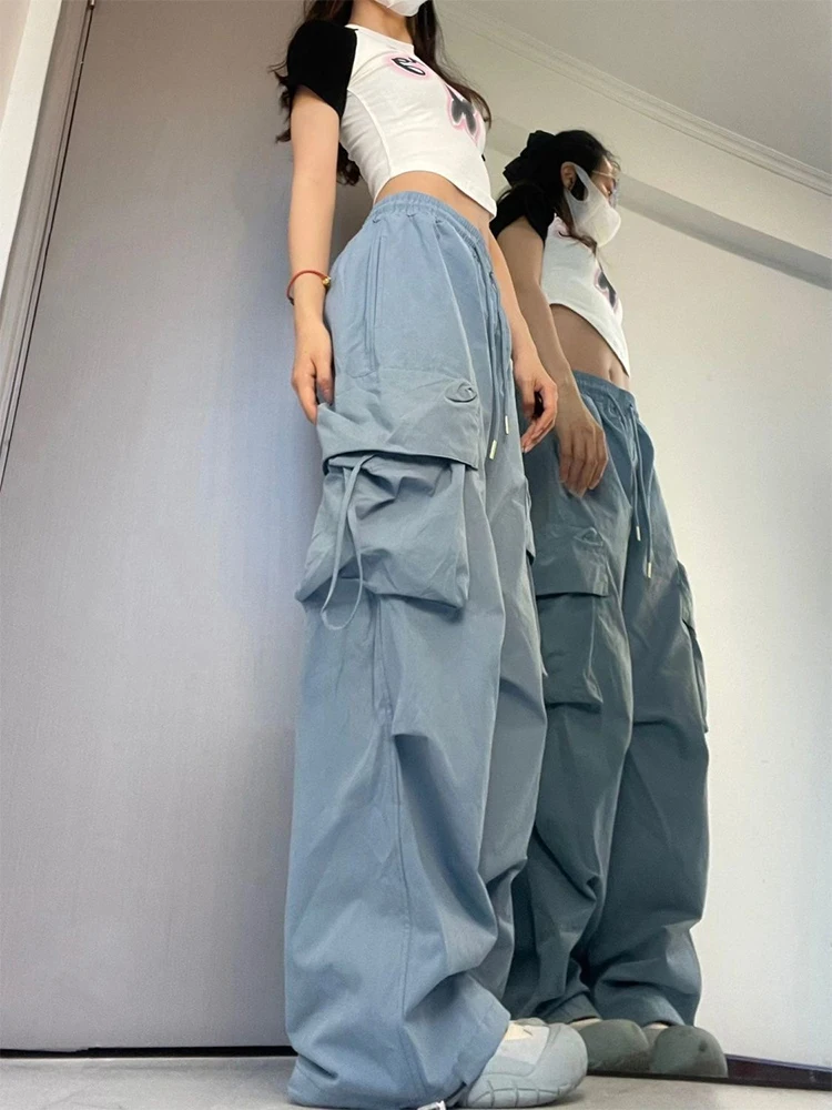 Women Cargo Pants Vintage Large Pocket High Waist Wide Leg Loose Fashion Trousers Streetwear Female New Drawstring Baggy Pants