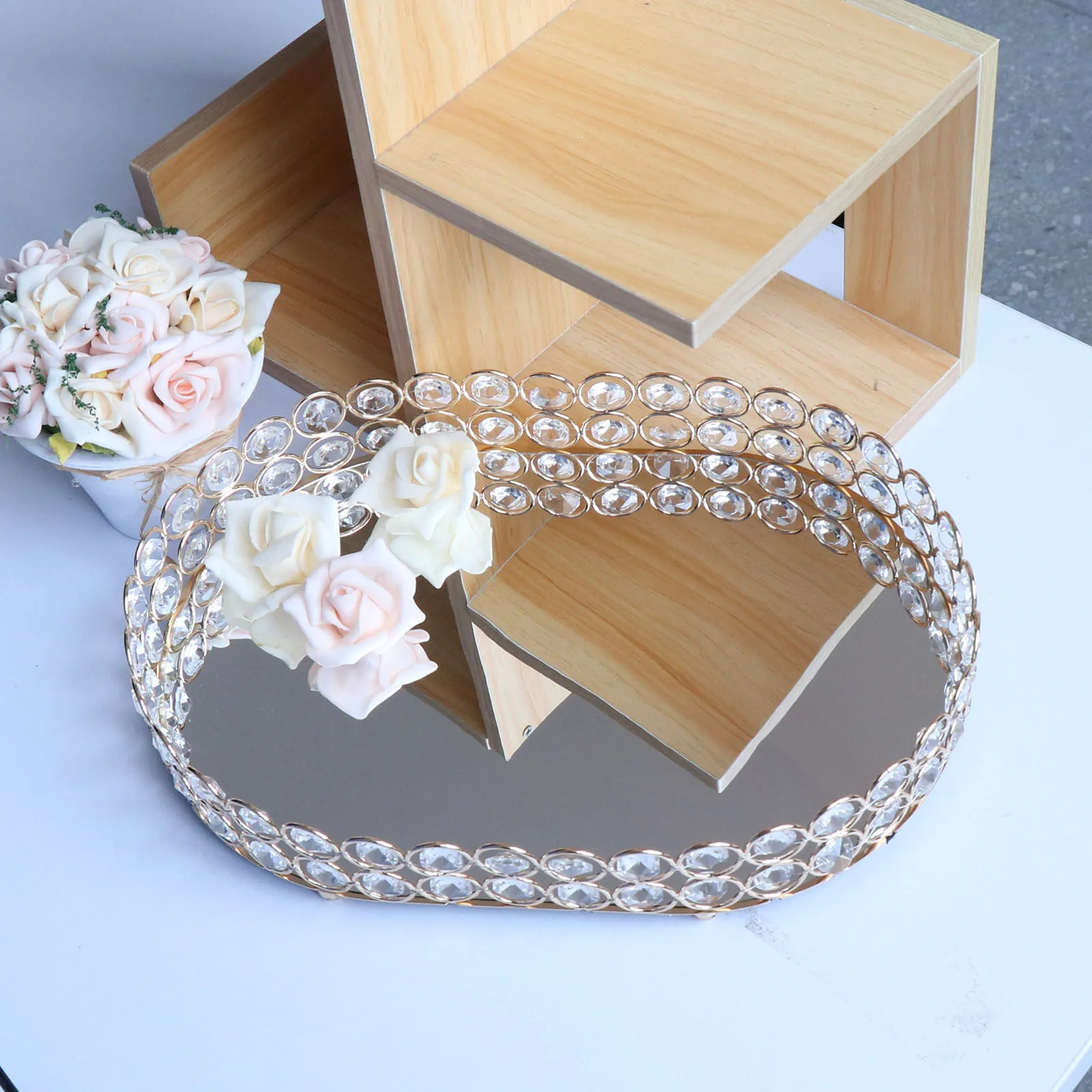 Golden Jewelry Storage Box Tray Glass Mirrored Crystal Cosmetic Make Up Organizer Home Decoration Rack Desktop Plate Tray