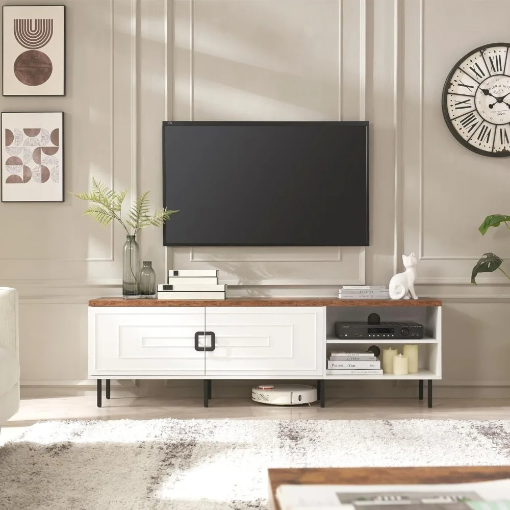 Modern Entertainment Center with Adjustable Shelf and Cabinets, Long Media Console Table with Solid Feet